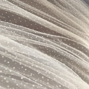 Soft tulle fabric with flocking velvet polka dots, off white mesh fabric with polka dot