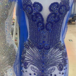 large blue rhinestone bodice applique, handcrafted crystal applique, crystal applique for dress, rhinestone bodice patch for prom