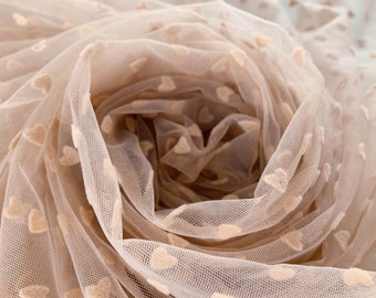 Brown tulle fabric with flocking heart for skirt, dress, costume