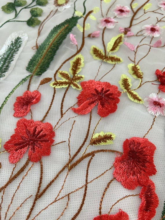 Embroidered Mesh Lace Fabric With Colorful Florals Lace Fabric