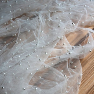 off white tulle mesh fabric with beading pearls