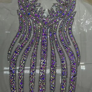 Big iridescent rhinestone bodice applique, handcrafted crystal corset applique, crystal applique for dress, dance costume, prom dress