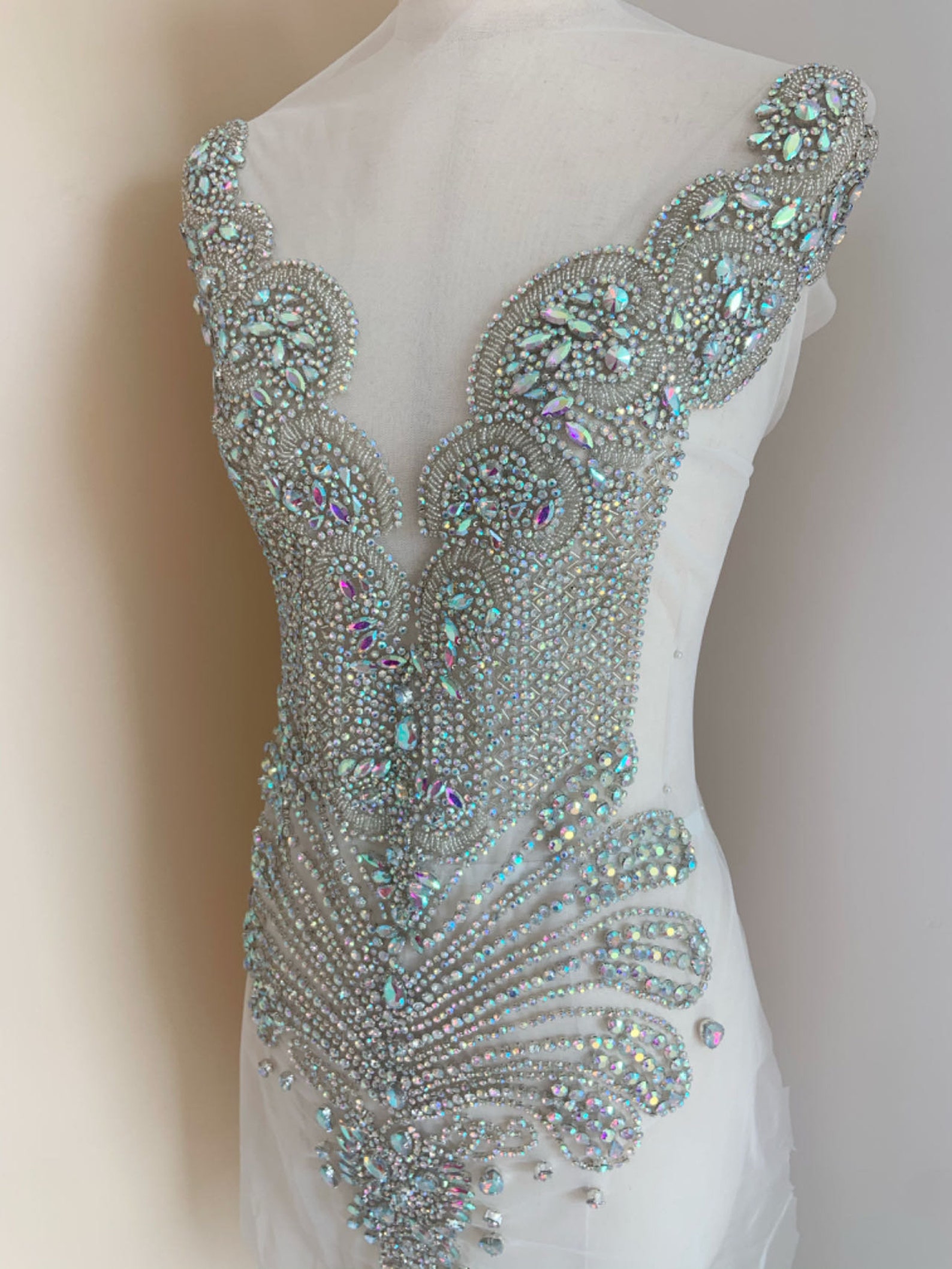 Iridescent Rhinestone Large Iridescent Rhinestone Bodice Applique, Handcrafted Rhinestone ...