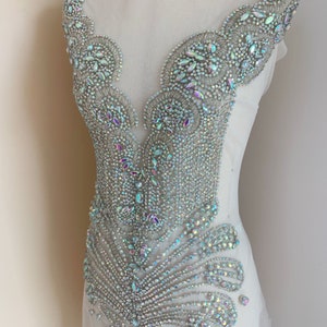 large iridescent rhinestone bodice applique, handcrafted  rhinestone bodysuit applique, couture supplies
