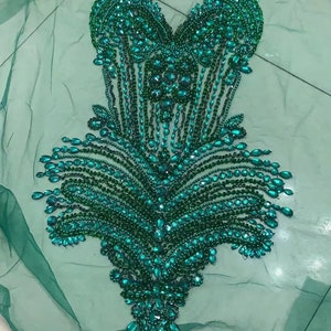 Green Full body rhinestone bodice applique, iridescent crystal corset applique, crystal applique for dress, rhinestone applique for prom