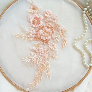 10 pcs peach pink 3d flowers lace applique, navy blue beaded lace applique with 3D flowers for costume, girls skirt, decors, dress altering