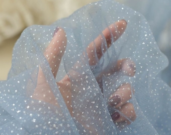 Tissu Sparkle Tulle avec paillettes pois pour voile, tissu en maille brillante pour robe costume, accessoire, décors de fête | Bleu pâle