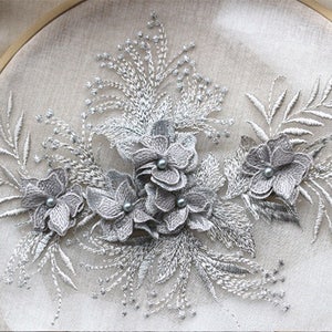 gray bead lace applique, 3D heavy bead lace applique with pearls, 3D flower lace applique, heavy embroidered tulle lace applique