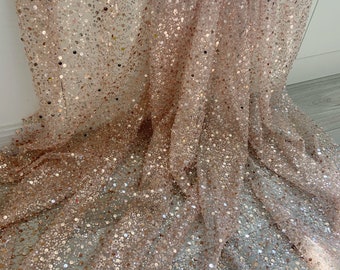 Rose gold bead lace fabric with sparkle sequins for dress, couture, costume, ball gown, prop