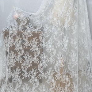 3 yards soft Chantilly lace fabric with florals, scalloped Chantilly lace fabric with florals for wedding dress, lingerie