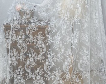 3 yards soft Chantilly lace fabric with florals, scalloped Chantilly lace fabric with florals for wedding dress, lingerie