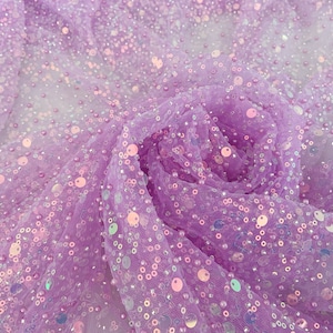 Orchid purple bead Tulle lace fabric with sparkle sequins for dress, couture, costume