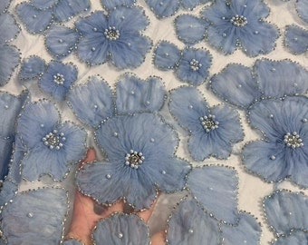 dust blue 3d flowers lace fabric for dress, sparkle bead 3d florals lace fabric for ball gown, costume, prop, backdrop