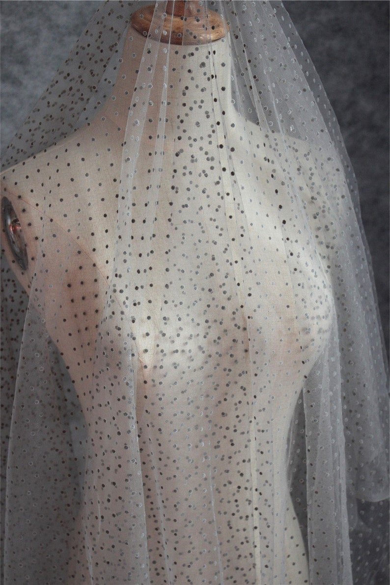 white tulle fabric with flocking velvet polka dots image 5