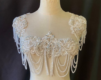 Silver Rhinestone applique with crystal chains for dress, dance costume, party dress, stage performance, body jewelry
