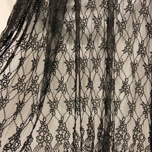 3 yards black Chantilly lace fabric with chains and selvedges , scalloped Chantilly lace fabric with florals for wedding dress, lingerie