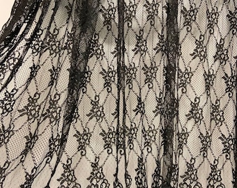 3 yards black Chantilly lace fabric with chains and selvedges , scalloped Chantilly lace fabric with florals for wedding dress, lingerie