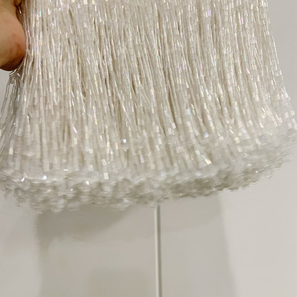 5yards off white Beaded fringe trim with crystal for couture, dance costume, bugle bead tassel for latin dress dance wear