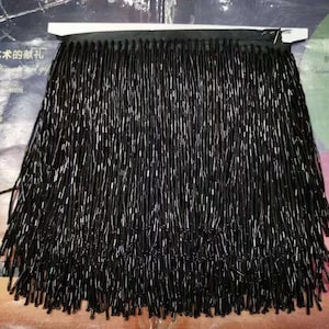 Garniture à franges perlées noires pour la couture et les costumes, pompon en perles de bugle pour robe latine, vêtements de danse, pompon en macramé 15 cm