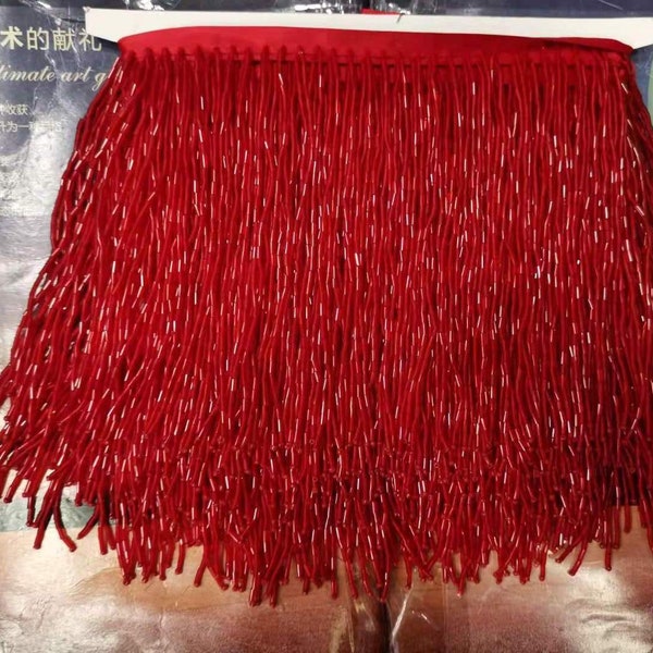 red Beaded fringe trim for couture and dance costume, bugle bead tassel for latin dress dance wear macrame trimming tassel 15cm