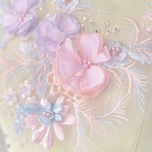 3D pink heavy bead lace applique with pearls and rhinestones, 3D flower lace applique