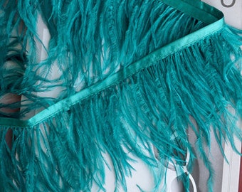 Adorno de plumas de avestruz azul verdoso, fleco de adorno de plumas de avestruz con cinta para decoración de disfraces, artesanías de sombrerería, alta costura