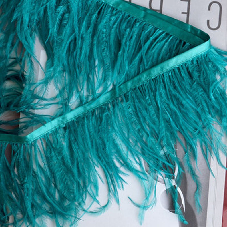 Pu&ograve; includere: Frange di piume blu turchese con retro in nastro di raso. La frangia &egrave; morbida e soffice, perfetta per aggiungere un tocco di eleganza a qualsiasi progetto.