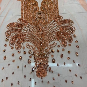 large orange rhinestone bodice applique, handcrafted crystal applique, crystal applique for dress, rhinestone bodice patch for prom