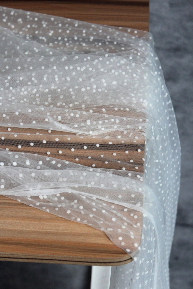 white tulle fabric with flocking velvet polka dots image 2