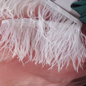 Pu&ograve; includere: Bordino di piume di struzzo bianche con un retro in nastro di raso bianco. Il bordino &egrave; morbido e soffice, perfetto per aggiungere un tocco di eleganza a qualsiasi progetto.