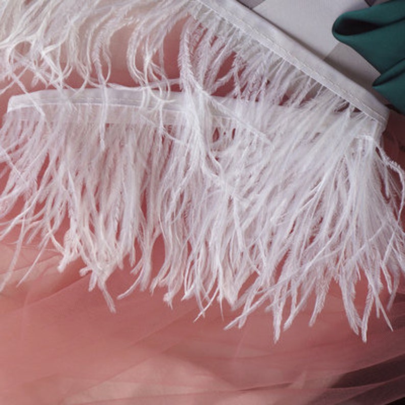 Pu&ograve; includere: Bordino di piume di struzzo bianche con un retro in nastro di raso bianco. Il bordino &egrave; morbido e soffice, perfetto per aggiungere un tocco di eleganza a qualsiasi progetto.