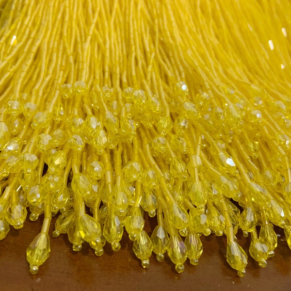 5.5yards yellow Beaded fringe trim with crystal for couture, dance costume, bugle bead tassel for latin dress dance wear macrame trim tassel