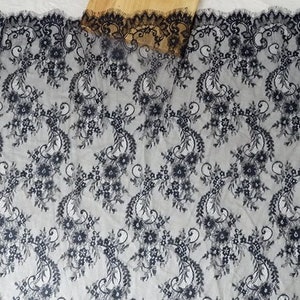 3 yards black soft Chantilly lace fabric with florals, scalloped Chantilly lace fabric with florals for wedding dress, lingerie