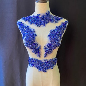 blue handcrafted Rhinestone applique for dress bodysuit dance costume, french bead bodice applique