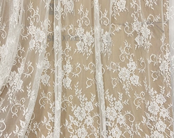 3 yards Chantilly lace fabric with double selvedges , scalloped Chantilly lace fabric with florals for wedding dress, lingerie