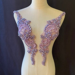 Akiko.CC Handmade Rhinestones Lace Trim Patches Handsewing Beads Applique For Dress DIY Accessories 13.7X21.2inches (Light Purple