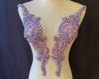 lavender purple hand crafted Rhinestone applique for dress and dance costume, french bead applique