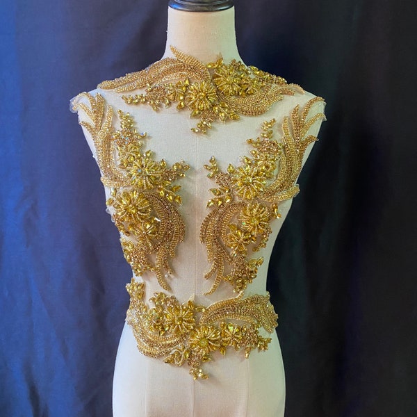 Applique de perle strass fabriquée à la main en or pour costume de robe et de danse, français applique de corsage de perles