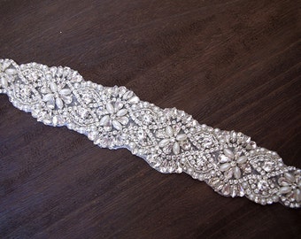 bridal sash applique, pearl and rhinestone bead belt, wedding sash appliques ON SALE