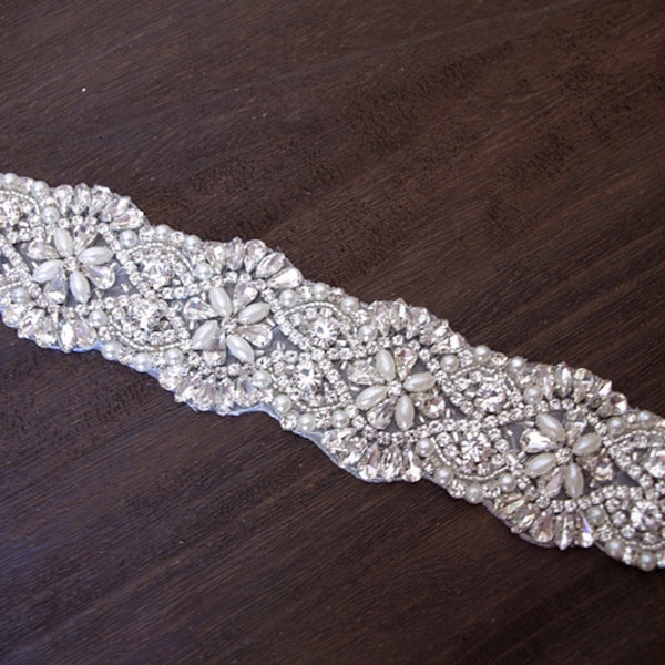 bridal sash applique, pearl and rhinestone bead belt, wedding sash appliques ON SALE