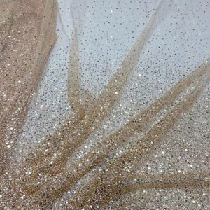 Champagne gold  beaded Tulle lace fabric with sparkle sequins for dress, couture