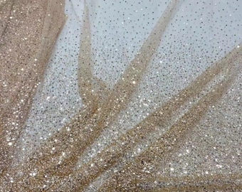 Champagne gold  beaded Tulle lace fabric with sparkle sequins for dress, couture