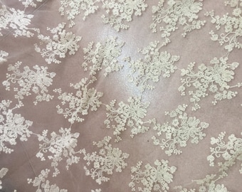 Tissu de dentelle brodé écru, tissu de dentelle de tulle brodé, dentelle de tissu de coton, tissu de dentelle floral rétro