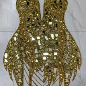 Gold Strass Applikation mit großem Glitzer für Bodaysuit, handgemachte Kristall Korsett Applikation, Kristall Applikation für Kleid, Tanzkostüm