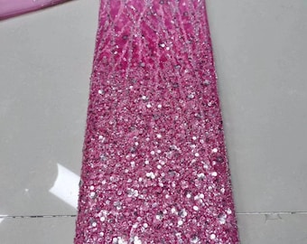 Tissu de dentelle de perles rose chaud ombré avec des fleurs et des branches pour robe de mariée, robe de bal, robe de bal, tissus de costume
