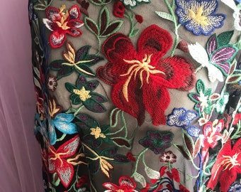 Black Floral Embroidered Tulle Lace Fabric, Colorful Flower Mesh