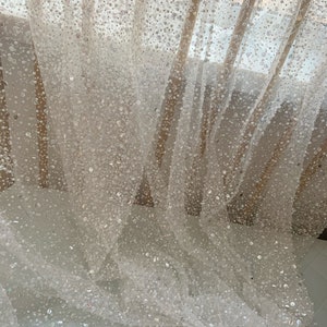Off white sparkling beaded tulle lace fabric with sequins