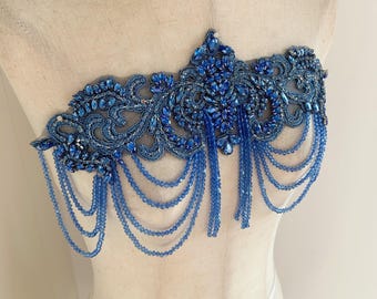 blue Rhinestone applique with crystal fringes for dress, dance costume, party dress, stage performance, body jewelry