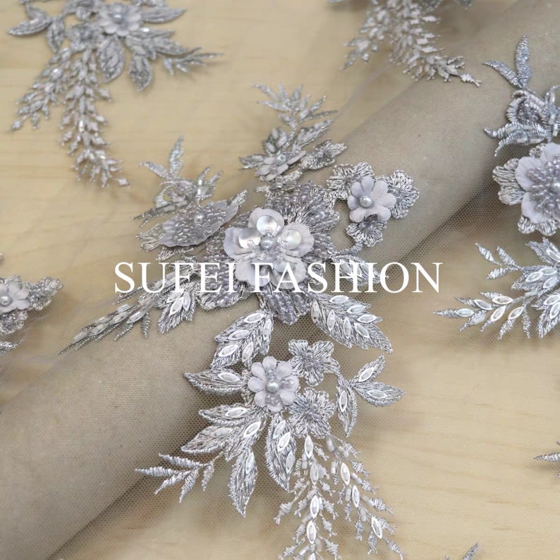 grey pearl beading lace fabric by the yard heavy bead lace fabric light blue French 3D lace fabric with 3d flowers