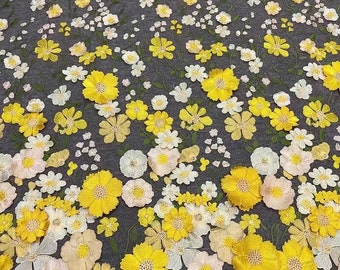 yellow 3d flowers lace fabric for dress, Delicate Embroidery Lace Fabric with  florals for skirt